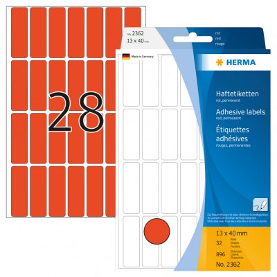 Herma No. 2362 piros színű 13 x 40 mm méretű, kézzel írható, öntapadó etikett címke, általános felhasználásra, permanens ragasztóval - kiszerelés: 896 címke / csomag