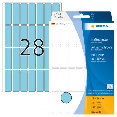 Herma No. 2363 kék színű 13 x 40 mm méretű, kézzel írható, öntapadó etikett címke, általános felhasználásra, permanens ragasztóval - kiszerelés: 896 címke / csomag