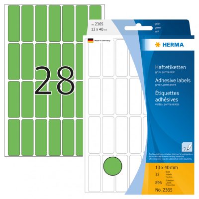 Herma No. 2365 zöld színű 13 x 40 mm méretű, kézzel írható, öntapadó etikett címke, általános felhasználásra, permanens ragasztóval - kiszerelés: 896 címke / csomag