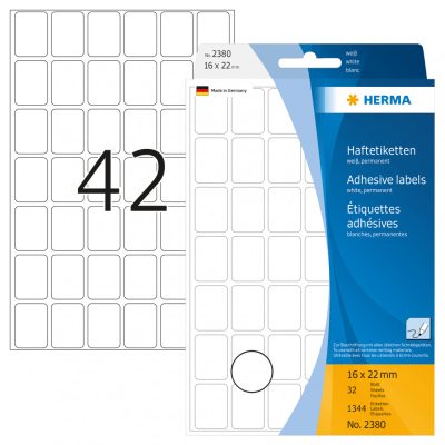 Herma No. 2380 fehér színű 16 x 22 mm méretű, kézzel írható, öntapadó etikett címke, általános felhasználásra, permanens ragasztóval - kiszerelés: 1344 címke / csomag