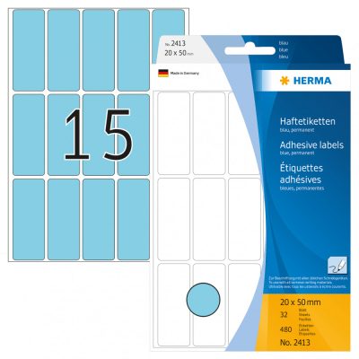 Herma No. 2413 kék színű 20 x 50 mm méretű, kézzel írható, öntapadó etikett címke, általános felhasználásra, permanens ragasztóval - kiszerelés: 480 címke / csomag