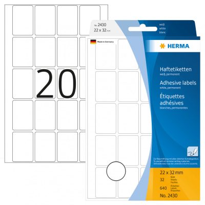 Herma No. 2430 fehér színű 22 x 32 mm méretű, kézzel írható, öntapadó etikett címke, általános felhasználásra, permanens ragasztóval - kiszerelés: 640 címke / csomag