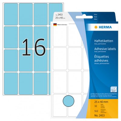 Herma No. 2453 kék színű 25 x 40 mm méretű, kézzel írható, öntapadó etikett címke, általános felhasználásra, permanens ragasztóval - kiszerelés: 512 címke / csomag