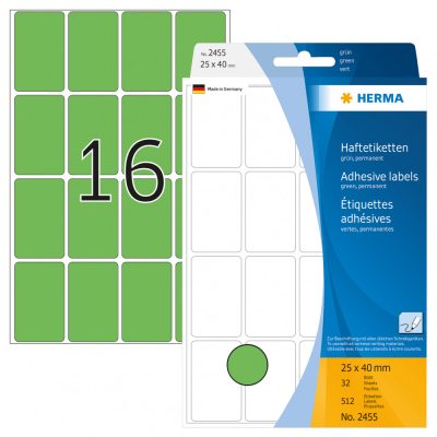 Herma No. 2455 zöld színű 25 x 40 mm méretű, kézzel írható, öntapadó etikett címke, általános felhasználásra, permanens ragasztóval - kiszerelés: 512 címke / csomag