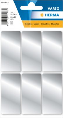 Herma No. 15077 ezüst színű 26 x 54 mm méretű, kézzel írható, öntapadó etikett címke, általános felhasználásra, permanens ragasztóval - kiszerelés: 42 címke / csomag