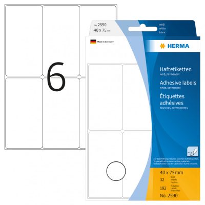 Herma No. 2590 fehér színű 40 x 75 mm méretű, kézzel írható, öntapadó etikett címke, általános felhasználásra, permanens ragasztóval - kiszerelés: 192 címke / csomag