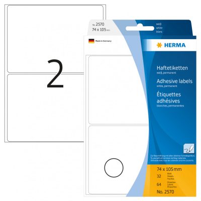 Herma No. 2570 fehér színű 74 x 105 mm méretű, kézzel írható, öntapadó etikett címke, általános felhasználásra, permanens ragasztóval - kiszerelés: 64 címke / csomag