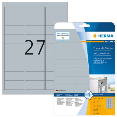 Herma No. 4592 ezüst színű 63,5 x 29,6 mm méretű, lézernyomtatóval nyomtatható, öntapadós ipari etikett címke, extra erős, tartós ragasztóval A4-es íven - kiszerelés: 270 címke / 10 ív