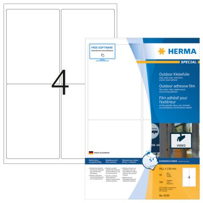 Herma No. 9539 fehér színű 99,1 x 139 mm méretű, lézernyomtatóval nyomtatható, öntapadós időjárásálló etikett címke, extra erős, tartós ragasztóval A4-es íven - kiszerelés: 160 címke / 40 ív