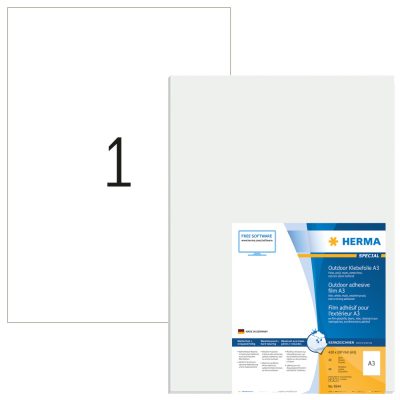 Herma No. 9544 fehér színű 420 x 297 mm méretű, lézernyomtatóval nyomtatható, öntapadós időjárásálló etikett címke, extra erős, tartós ragasztóval A3-as íven - kiszerelés: 40 címke / 40 ív