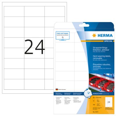 Herma No. 4573 fehér színű 66 x 33,8 mm méretű, lézernyomtatóval nyomtatható, öntapadós időjárásálló etikett címke, visszaszedhető ragasztóval A4-es íven - kiszerelés: 480 címke / 20 ív