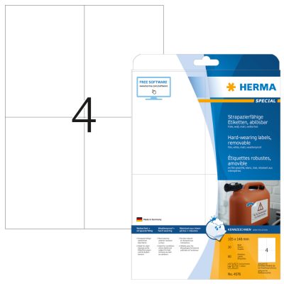 Herma No. 4576 fehér színű 105 x 148 mm méretű, lézernyomtatóval nyomtatható, öntapadós időjárásálló etikett címke, visszaszedhető ragasztóval A4-es íven - kiszerelés: 80 címke / 20 ív