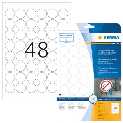 Herma No. 4571 fehér színű 30 mm átmérőjű, lézernyomtatóval nyomtatható, öntapadós időjárásálló etikett címke, visszaszedhető ragasztóval A4-es íven - kiszerelés: 960 címke / 20 ív