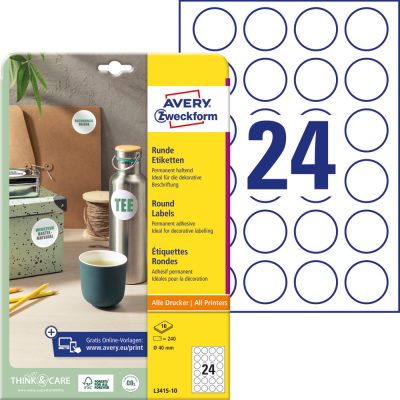 Avery Zweckform No. L3415-10 fehér színű 40 mm átmérőjű, kör alakú, univerzálisan nyomtatható, öntapadós etikett címke, permanens ragasztóval A4-es íven - kiszerelés: 240 címke / 10 ív