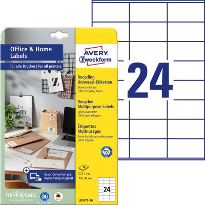 Avery Zweckform No. LR3475-10 natúr fehér színű 70 x 36 mm méretű, univerzálisan nyomtatható, környezetbarát öntapadós etikett címke, permanens ragasztóval A4-es íven - kiszerelés: 240 címke / 10 ív