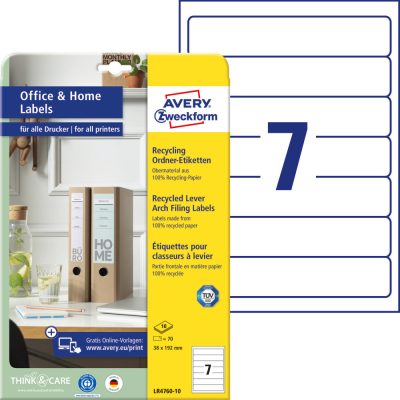 Avery Zweckform No. LR4760-10 natúr fehér színű 192 x 38 mm méretű, univerzálisan nyomtatható, környezetbarát öntapadós iratrendező címke A4-es íven - kiszerelés: 70 címke / 10 ív
