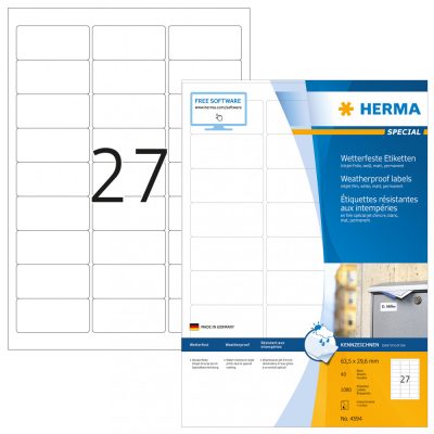 Herma No. 4594 fehér színű 63,5 x 29,6 mm méretű, tintasugaras nyomtatóval nyomtatható, öntapadós időjárásálló etikett címke, extra erős, tartós ragasztóval A4-es íven - kiszerelés: 1080 címke / 40 ív