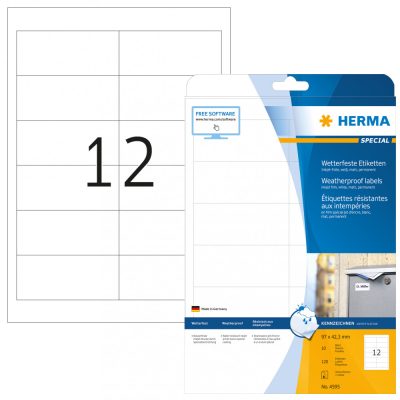 Herma No. 4595 fehér színű 97 x 42,3 mm méretű, tintasugaras nyomtatóval nyomtatható, öntapadós időjárásálló etikett címke, extra erős, tartós ragasztóval A4-es íven - kiszerelés: 120 címke / 10 ív