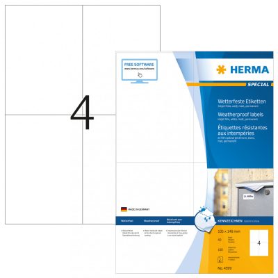 Herma No. 4599 fehér színű 105 x 148 mm méretű, tintasugaras nyomtatóval nyomtatható, öntapadós időjárásálló etikett címke, extra erős, tartós ragasztóval A4-es íven - kiszerelés: 160 címke / 40 ív