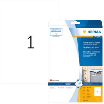 Herma No. 4866 fehér színű 210 x 297 mm méretű, tintasugaras nyomtatóval nyomtatható, öntapadós időjárásálló etikett címke, extra erős, tartós ragasztóval A4-es íven - kiszerelés: 10 címke / 10 ív