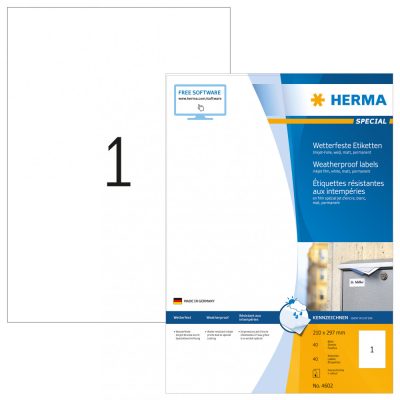 Herma No. 4602 fehér színű 210 x 297 mm méretű, tintasugaras nyomtatóval nyomtatható, öntapadós időjárásálló etikett címke, extra erős, tartós ragasztóval A4-es íven - kiszerelés: 40 címke / 40 ív