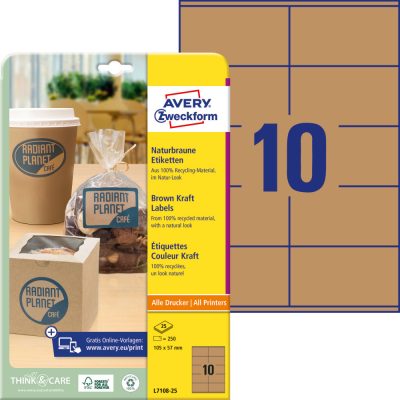 Avery Zweckform No. L7108-25 natúr barna színű 105 x 57 mm méretű, téglalap alakú, univerzálisan nyomtatható, öntapadós etikett címke, permanens ragasztóval A4-es íven - kiszerelés: 250 címke / 25 ív