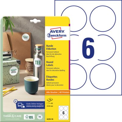 Avery Zweckform No. 6229-10 fehér színű 80 mm átmérőjű, kör alakú, univerzálisan nyomtatható, öntapadós etikett címke, permanens ragasztóval A4-es íven - kiszerelés: 60 címke / 10 ív