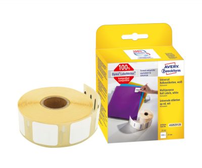 Avery Zweckform No. AS0929120 fehér színű 25 x 25 mm méretű, nyomtatható öntapadós tekercses etikett címke, permanens ragasztóval - kiszerelés: 1000 címke / tekercs, 1 tekercs / doboz