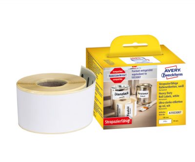 Avery Zweckform No. A1933087 fehér színű 59 x 190 mm méretű, nyomtatható öntapadós tekercses időjárásálló etikett címke, erős, tartós ragasztóval - kiszerelés: 170 címke / tekercs, 1 tekercs / doboz
