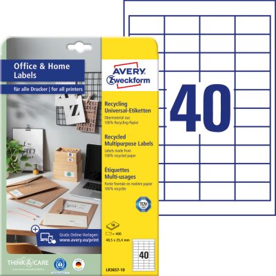 Avery Zweckform No. LR3657-10 natúr fehér színű 48,5 x 25,4 mm méretű, univerzálisan nyomtatható, környezetbarát öntapadós etikett címke, permanens ragasztóval A4-es íven - kiszerelés: 400 címke / 10 ív