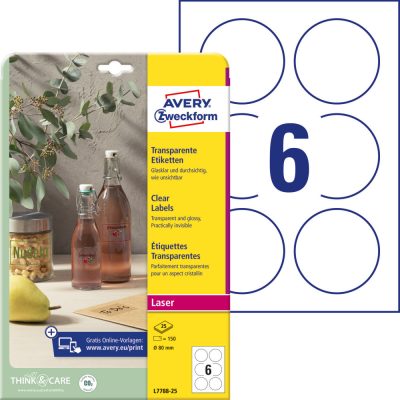 Avery Zweckform No. L7788-25 víztiszta átlátszó 80 mm átmérőjű, lézernyomtatóval nyomtatható, öntapadós etikett címke, permanens ragasztóval A4-es íven - kiszerelés: 150 címke / 25 ív