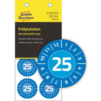 Avery Zweckform No. 6944-2025 kék színű, 30 mm átmérőjű, öntapadós időjárásálló felülvizsgálati címke, 2025-ös évszámmal, 12 hónapos beosztással - kiszerelés: 80 címke / csomag