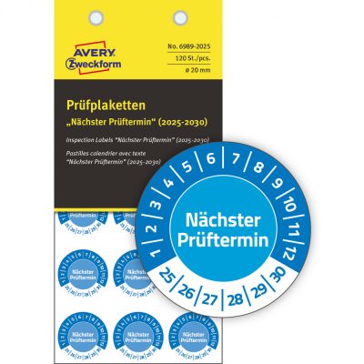 Avery Zweckform No. 6989-2025 kék színű, 20 mm átmérőjű, öntapadós biztonsági hitelesítő címke, 2025-2030-as évszámmal, Nächster Prüftermin felirattal - kiszerelés: 120 címke / csomag