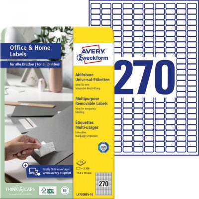 Avery Zweckform No. L4730REV-10 fehér színű 17,8 x 10 mm méretű, univerzálisan nyomtatható, öntapadós etikett címke, visszaszedhető ragasztóval A4-es íven - kiszerelés: 2700 címke / 10 ív