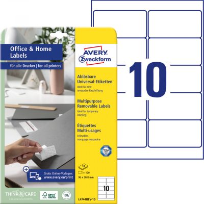 Avery Zweckform No. L4744REV-10 fehér színű 96 x 50,8 mm méretű, univerzálisan nyomtatható, öntapadós etikett címke, visszaszedhető ragasztóval A4-es íven - kiszerelés: 100 címke / 10 ív