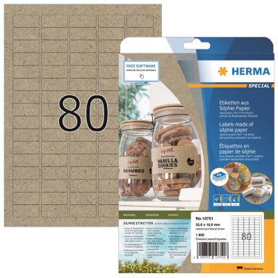 Herma No. 10751 natúr barna színű 35,6 x 16,9 mm méretű, univerzálisan nyomtatható, környezetbarát öntapadós etikett címke, permanens ragasztóval A4-es íven - kiszerelés: 1600 címke / 20 ív