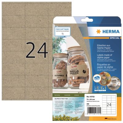 Herma No. 10753 natúr barna színű 70 x 36 mm méretű, univerzálisan nyomtatható, környezetbarát öntapadós etikett címke, permanens ragasztóval A4-es íven - kiszerelés: 480 címke / 20 ív