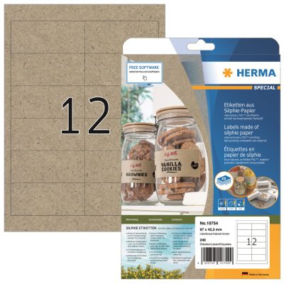 Herma No. 10754 natúr barna színű 97 x 42,3 mm méretű, univerzálisan nyomtatható, környezetbarát öntapadós etikett címke, permanens ragasztóval A4-es íven - kiszerelés: 240 címke / 20 ív
