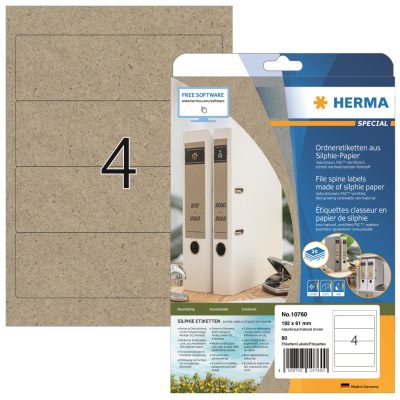 Herma No. 10760 natúr barna színű 192 x 61 mm méretű, univerzálisan nyomtatható, környezetbarát öntapadós iratrendező címke, permanens ragasztóval A4-es íven - kiszerelés: 80 címke / 20 ív