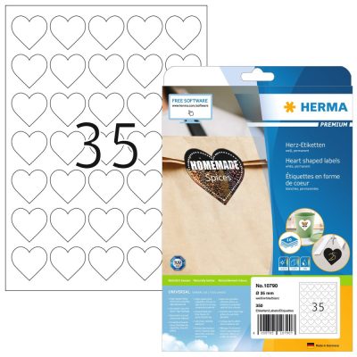 Herma No. 10790 fehér színű szív alakú 35 mm átmérőjű, univerzálisan nyomtatható, prémium minőségű öntapadós etikett címke, permanens ragasztóval A4-es íven - kiszerelés: 350 címke / 10 ív