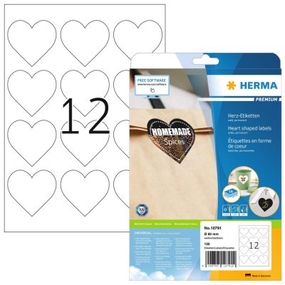 Herma No. 10791 fehér színű szív alakú 60 mm átmérőjű, univerzálisan nyomtatható, prémium minőségű öntapadós etikett címke, permanens ragasztóval A4-es íven - kiszerelés: 120 címke / 10 ív