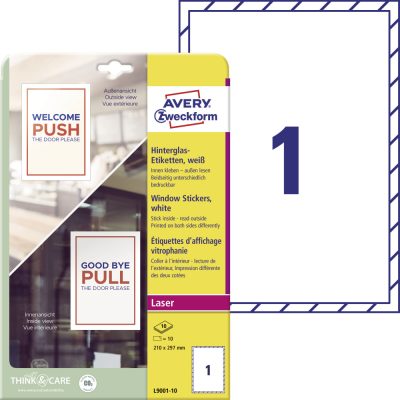 Avery Zweckform No. L9001-10 fehér színű 210 x 297 mm méretű, lézernyomtatóval nyomtatható öntapadós időjárásálló kirakat matrica visszaszedhető ragasztóval A4-es íven - kiszerelés: 10 matrica / 10 ív
