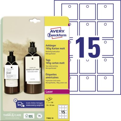 Avery Zweckform No. T1002-10 fehér színű 50 x 50 mm méretű, mindkét oldalán univerzálisan nyomtatható 185 g-os függőcímke mikroperforált élekkel A4-es íven - kiszerelés: 150 címke / 10 ív