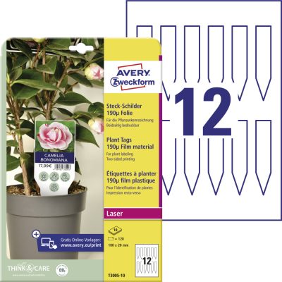 Avery Zweckform No. T3005-10 fehér színű 100 x 20 mm méretű, lézernyomtatóval nyomtatható, kétoldalas 190 mikron vastagságú időjárásálló kertészeti jelölő tábla A4-es íven - 120 tábla / 10 ív