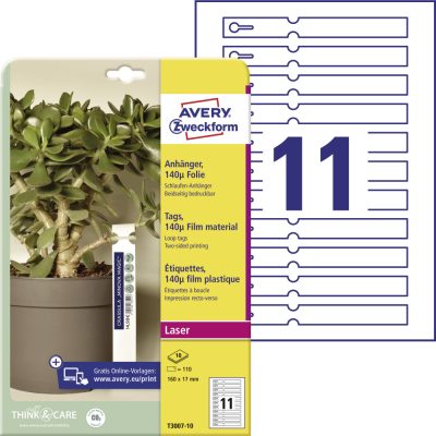 Avery Zweckform No. T3007-10 fehér színű 160 x 17 mm méretű, lézernyomtatóval nyomtatható, kétoldalas 140 mikron vastagságú időjárásálló kertészeti jelölő címke A4-es íven - 110 címke / 10 ív
