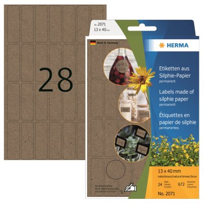 Herma No. 2071 natúr barna színű 13 x 40 mm méretű, kézzel írható, környezetbarát öntapadós etikett címke, általános felhasználásra, permanens ragasztóval - kiszerelés: 672 címke / csomag