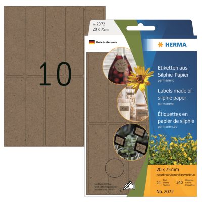 Herma No. 2072 natúr barna színű 20 x 75 mm méretű, kézzel írható, környezetbarát öntapadós etikett címke, általános felhasználásra, permanens ragasztóval - kiszerelés: 240 címke / csomag