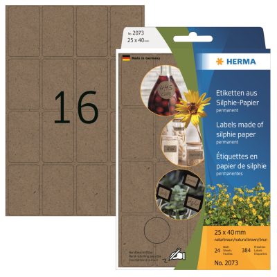 Herma No. 2073 natúr barna színű 25 x 40 mm méretű, kézzel írható, környezetbarát öntapadós etikett címke, általános felhasználásra, permanens ragasztóval - kiszerelés: 384 címke / csomag