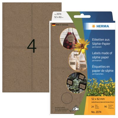 Herma No. 2074 natúr barna színű 52 x 82 mm méretű, kézzel írható, környezetbarát öntapadós etikett címke, általános felhasználásra, permanens ragasztóval - kiszerelés: 96 címke / csomag