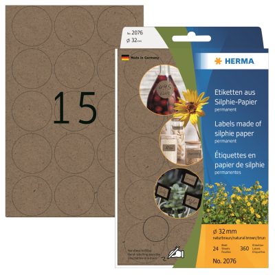 Herma No. 2076 natúr barna színű 32 mm átmérőjű kézzel írható, környezetbarát öntapadós etikett címke, általános felhasználásra, permanens ragasztóval - kiszerelés: 360 címke / csomag